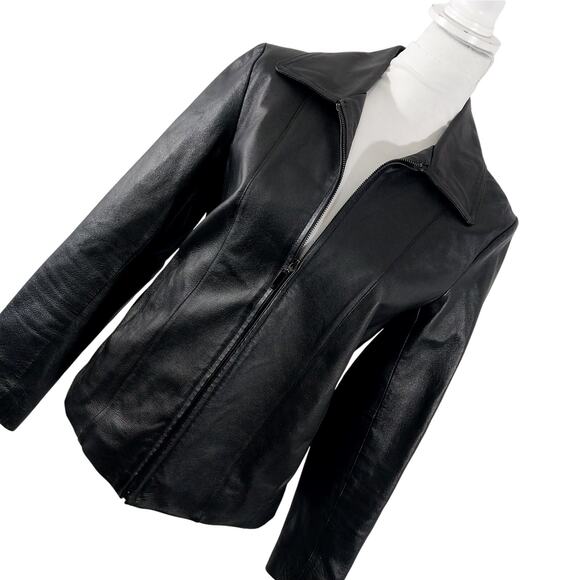 NEW YORK & CO.! BLACK GENUINE LEATHER STREAMLINED & SLEEK JACKET, COAT! SZ S - Picture 11 of 11
